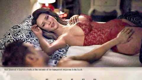 3D animated MILF in red lingerie lying on bed with man touching her