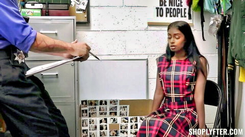 Lean Indian model Fae in plaid dress interrogated by cop in shoplyfter roleplay