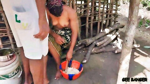 Village amateur woman topless in kitchen with two men and big cocks