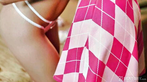 Veronica Leal in white lingerie with pink checkered skirt, bent over tease