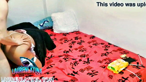 Latina babe spreads big ass getting fucked doggy style on red bed