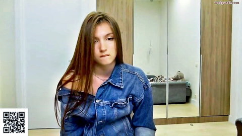 Yuppistar teen model in off-shoulder denim jacket, Chaturbate solo tease