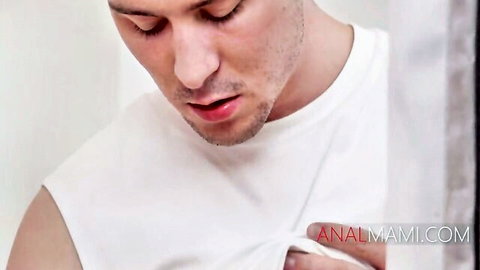 Handsome guy sucking stepmom's big tits passionately closeup