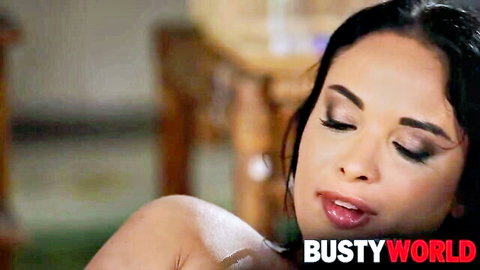 Anissa Kate oiled busty brunette in sensual massage threesome tease