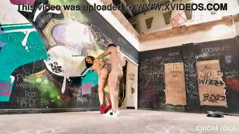 Betty Foxxx fake tits Latina rides cock cowgirl in abandoned building