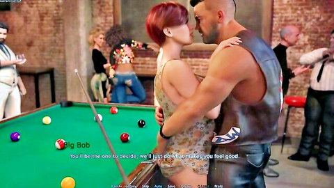 Muscular bull embraces busty redhead hotwife in skimpy dress at pool table while cuckold husband watches