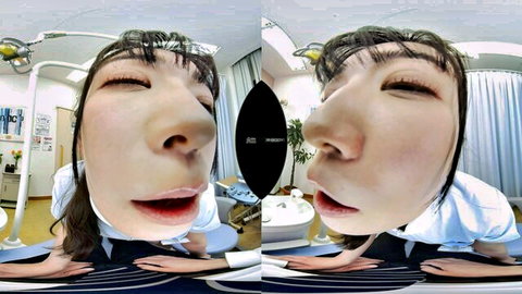 VR close-up of Asian woman in white uniform, mouth wide open in medical setting