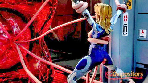 Blonde sci-fi babe in blue bodysuit wrapped by red tentacles in teaser