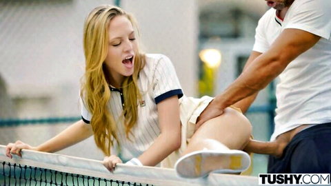 Aubrey Star blonde in tennis skirt bent over net for anal from behind