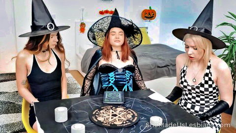 Kira Viburn in sexy witch costume with lesbian friends at Ouija party