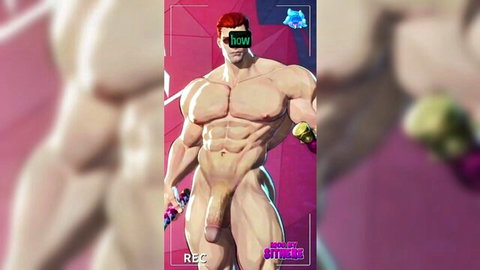 Muscular cartoon hunk nude flexing with massive erect cock visible