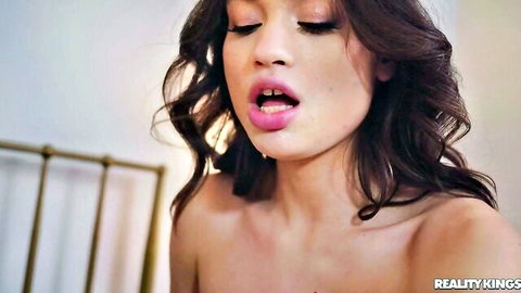 Vanessa Sky topless with passionate open-mouthed expression in bedroom scene