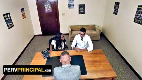 Ebony stepmom in interracial office threesome with two men