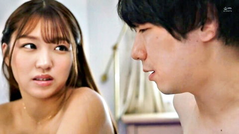 Asian senior girl topless facing junior boy in close intimate JAV moment