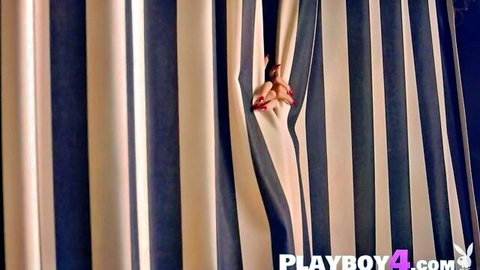 Buxom Bryona Ashly teasing in lingerie through curtains