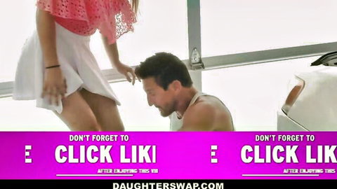 Skylar Snow in mini skirt teases kneeling man in Daughter Swap scene with Sloan Harper