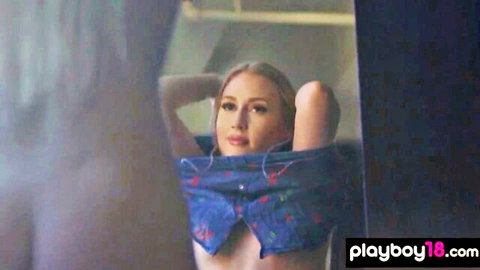 Emma Starletto blonde beauty topless, pulling down jeans in steamy mirror scene