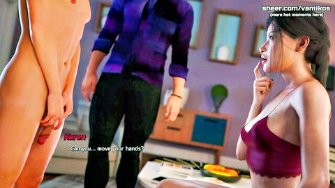 Nude big tits MILF Karen stands as clothed stranger fingers her exposed pussy from behind in 3D hentai.