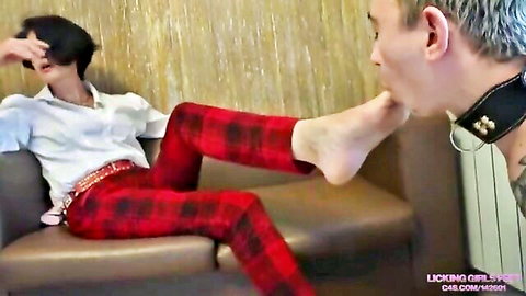 Angela, Lora, Salma foot worship: girl in red plaid pants gets foot licked by collared man