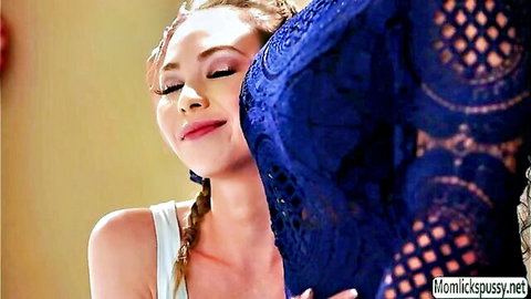 Blonde mommy and daughter in intimate lesbian embrace with blue lace lingerie