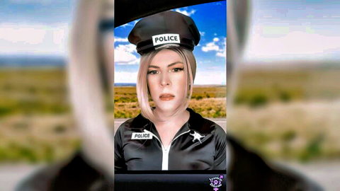 Blonde trans Officer Jessica Bloom in tight police uniform outdoors