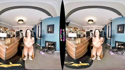 Topless Asian babe with huge tits kneels nude in bar lounge VR