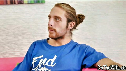 Bambi Bella's handsome blonde partner in blue shirt, teasing anal BBC scene