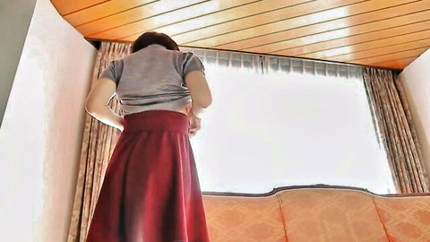 Tsukasa Wachi Asian cutie in red skirt posing by window, sexy rear view
