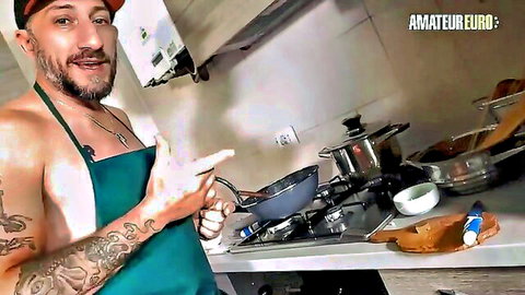Shirtless tattooed man in apron cooking in kitchen, amateur casting preview