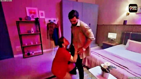 Indian aunty big boobs hardcore sex, kneeling with man behind in red dress