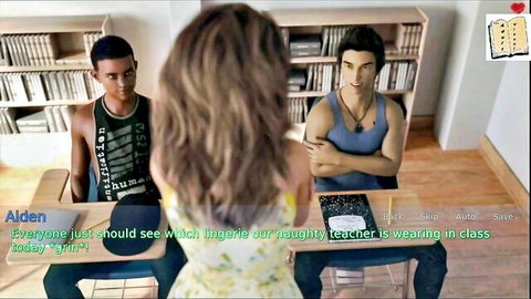 3D naughty brunette teacher bends over revealing sexy lingerie panties to students in classroom