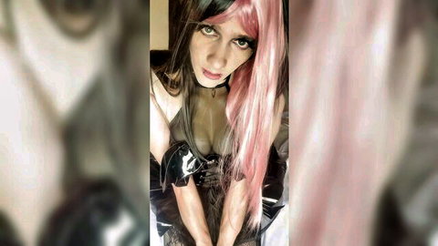 Sissy succubus with pink-black hair in latex corset, intense gaze
