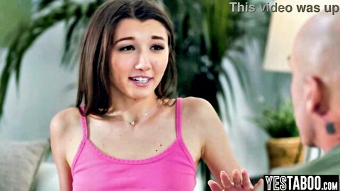 Petite youthful stepdaughter in pink top seduced by bald older stepdad taboo scene