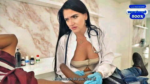 Busty brunette doctor in open coat exposes huge tits while examining black patient's cock in medical fetish