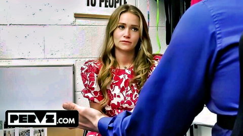 Blonde woman in red floral dress interrogated by officer in theft case