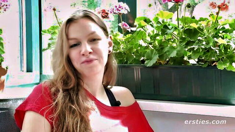 Blonde student Matilda in red off-shoulder top, Ersties nylon fetish tease