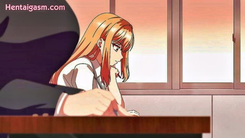Orange-haired anime schoolgirl in uniform, thoughtful pose with shadowy figure behind