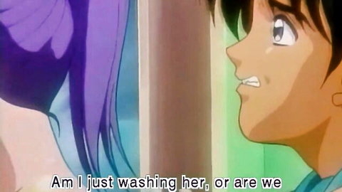 Anime hentai bath scene: man washing purple-haired angel girl in Shin Angel Ep.5