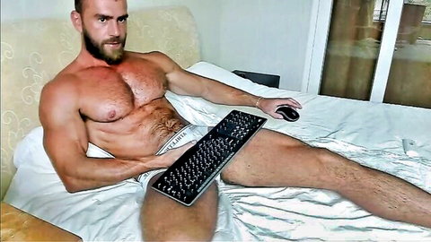 Muscular bearded hunk in Calvin Klein briefs teases webcam bulge with keyboard and mouse