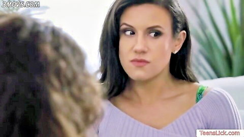 Beautiful brunette stepdaughter in purple sweater facesitting stepmom