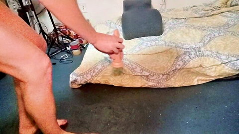 Nude man warming up his bussy with large pink dildo, solo anal prep HD video