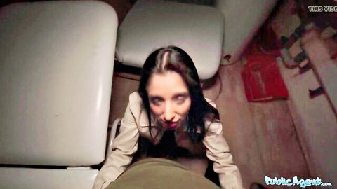 Brunette in trench coat deepthroats cock in public agent pickup scene