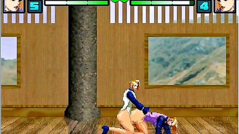 Blonde hentai fighter on knees groping purple-haired babe's exposed pussy in wooden arena battle