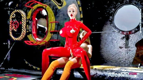Latex futanari babes in red suits teasing with bulges in erotic factory pose