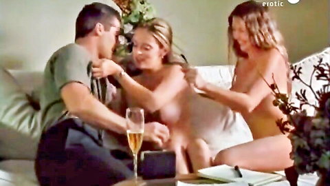 Mandy Fisher nude in FFM threesome, fondling with champagne