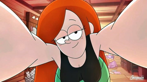 Animated redhead girl taking selfie in black tank top, cartoon style
