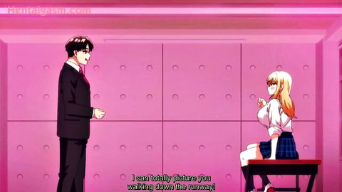 Blonde hentai schoolgirl in uniform chats with suited man on runway