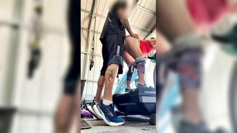 Husband interrupts wife's intense workout for quick gym sex session