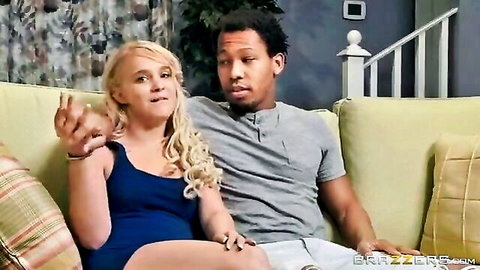 Blonde cougar and black stud surprised on couch in Brazzers preview