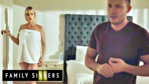Blonde MILF in slipping towel seduces man with knife on bed